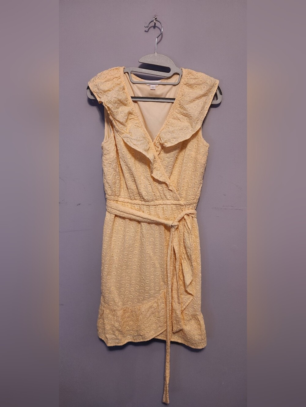 LC Lauren Conrad Pale Yellow Eyelet Wrap Midi Dress with Tie Waist
